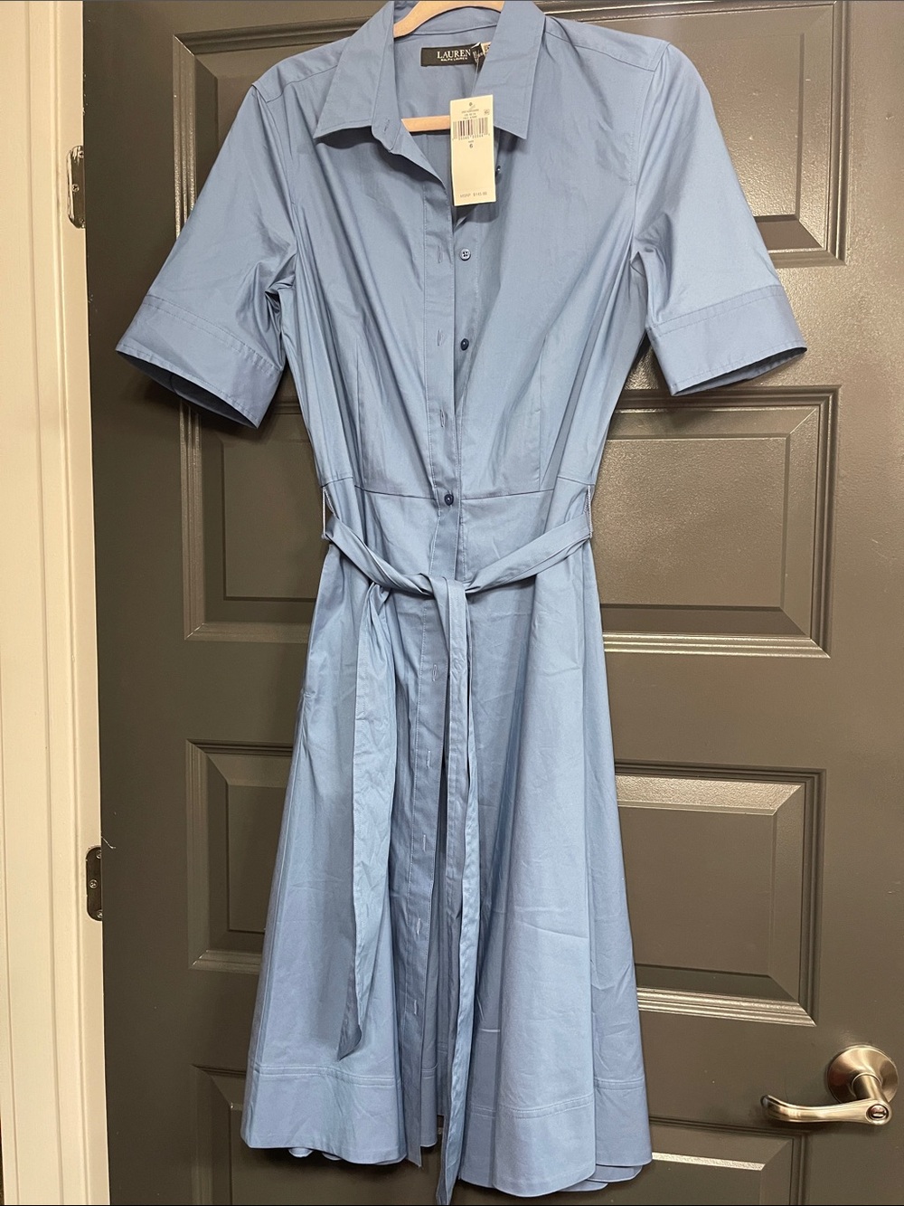 Lauren Ralph Lauren Light Blue Short-Sleeve Shirt Dress with Tie Belt